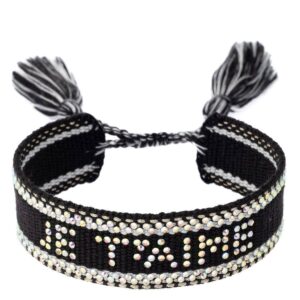 DARK Woven Friendship Bracelet With Crystals Je T&apos;aime Black With