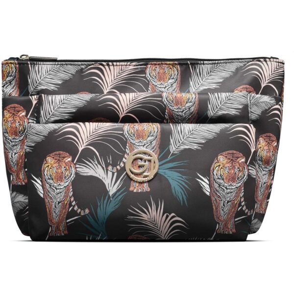 Gillian Jones 3-Compartment Cosmetic Bag Black Tiger And Palm Print