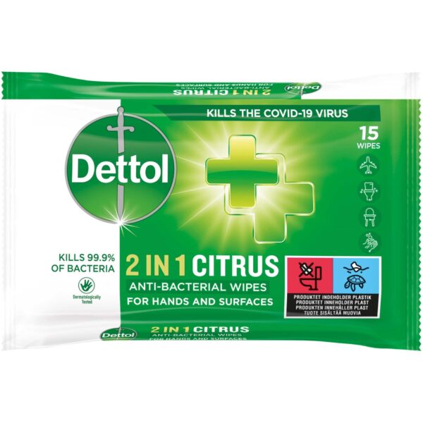 Dettol 2in1 Anti-Bacterial Wipes For Hand And Surfaces 15 stk